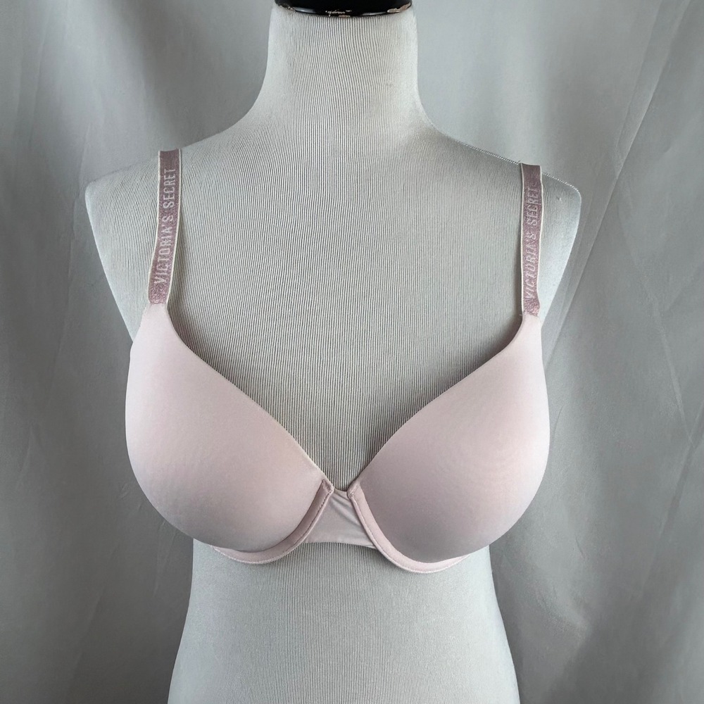 Victoria's Secret T-Shirt Lightly Lined Demi Bra Pink Glitter Logo Strap 38C